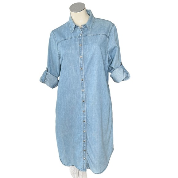 NEW YORK & COMPANY Long Sleeve Snap Button Chambray Denim Shirt Dress Size L - Picture 5 of 16
